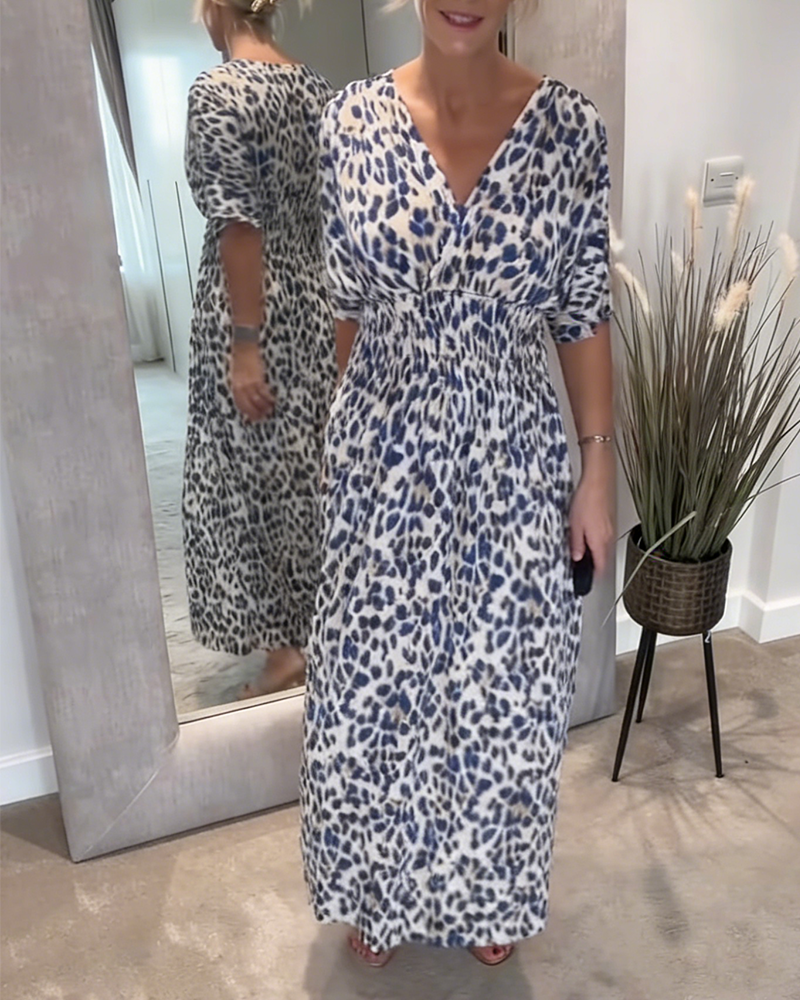 Kleid Schick V-Ausschnitt Tailliert Leopardenprint