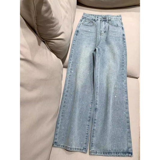 Light Blue High Waist Wide Leg Rhinestone Jeans for Women - Ursula