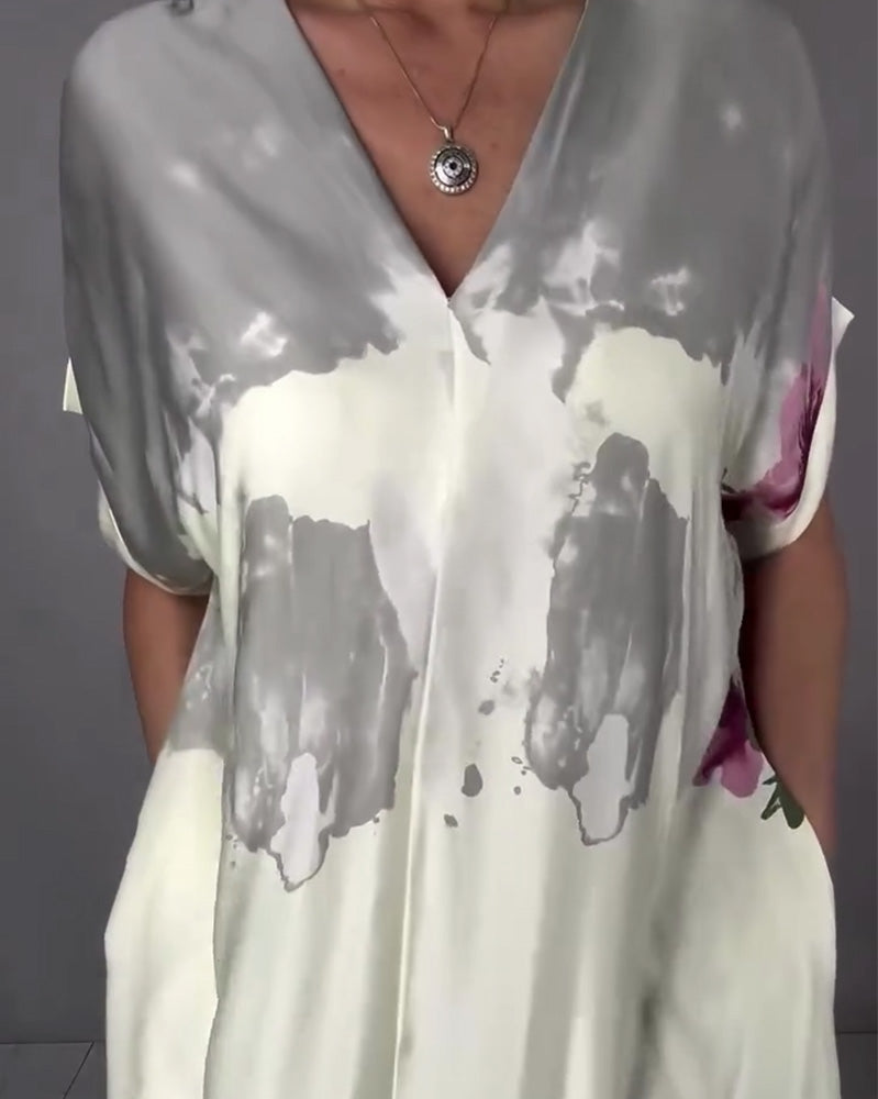 Kleid Tinte Waschen Pfirsichblüte V-Ausschnitt Maxi