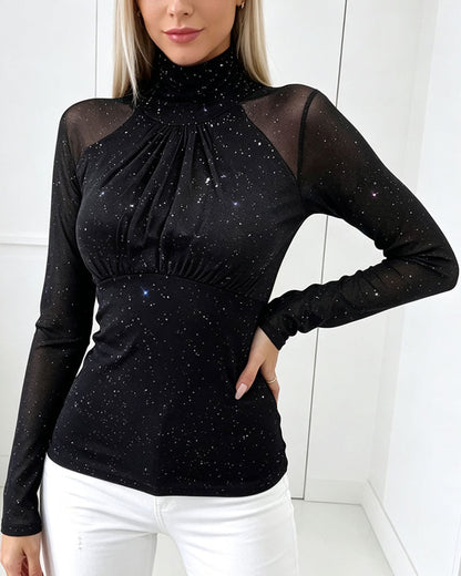 Bluse Mock Neck Drop Schulter Langarm Slim