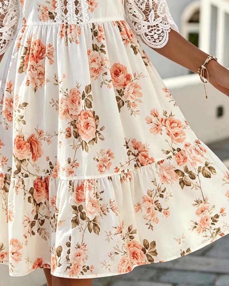 Kleid V-Ausschnitt Spitze Patchwork Blumig Kalte Schulter