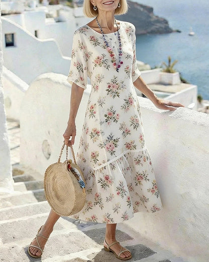 Kleid Kleine Blumen Rundhalsausschnitt Patchwork