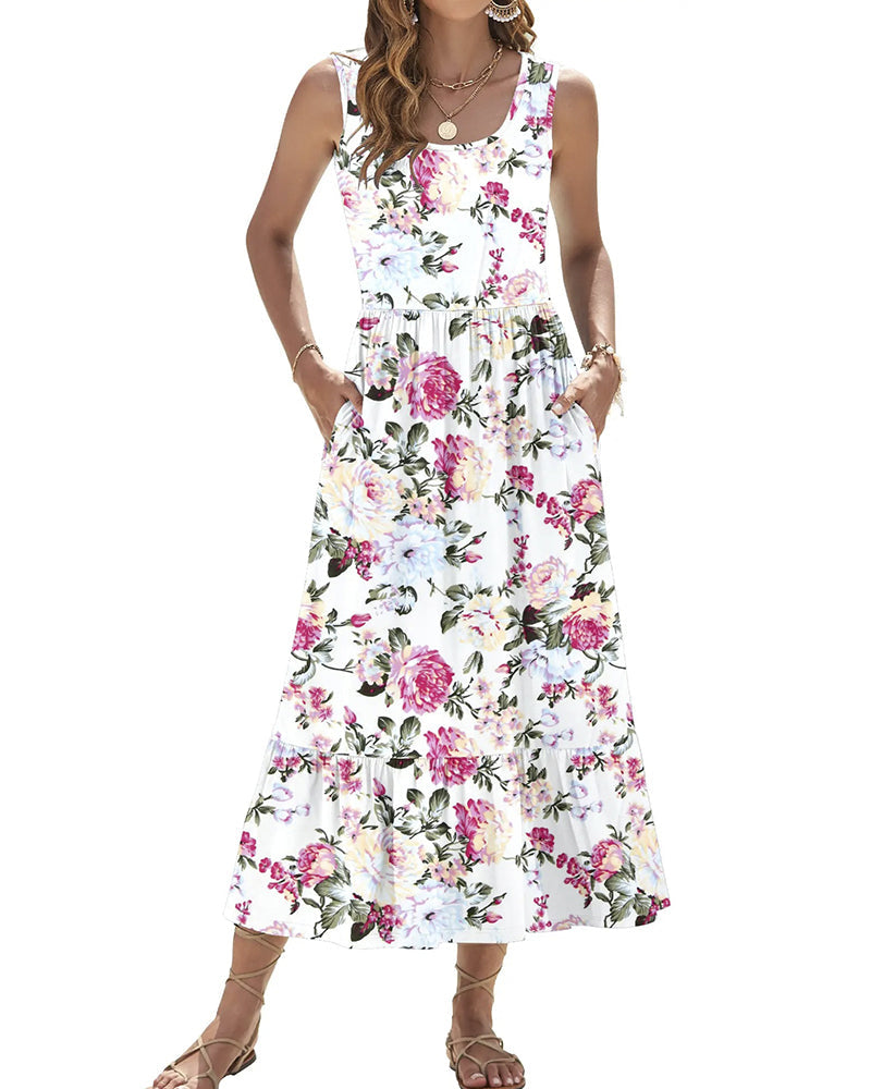 Kleid Ärmellos Rosenprint Lang