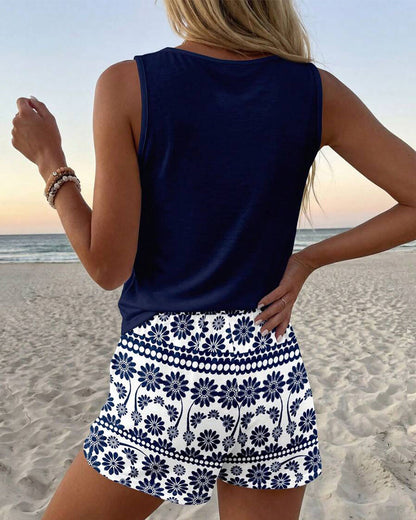Set Einfarbige Weste Und Bedruckte Shorts