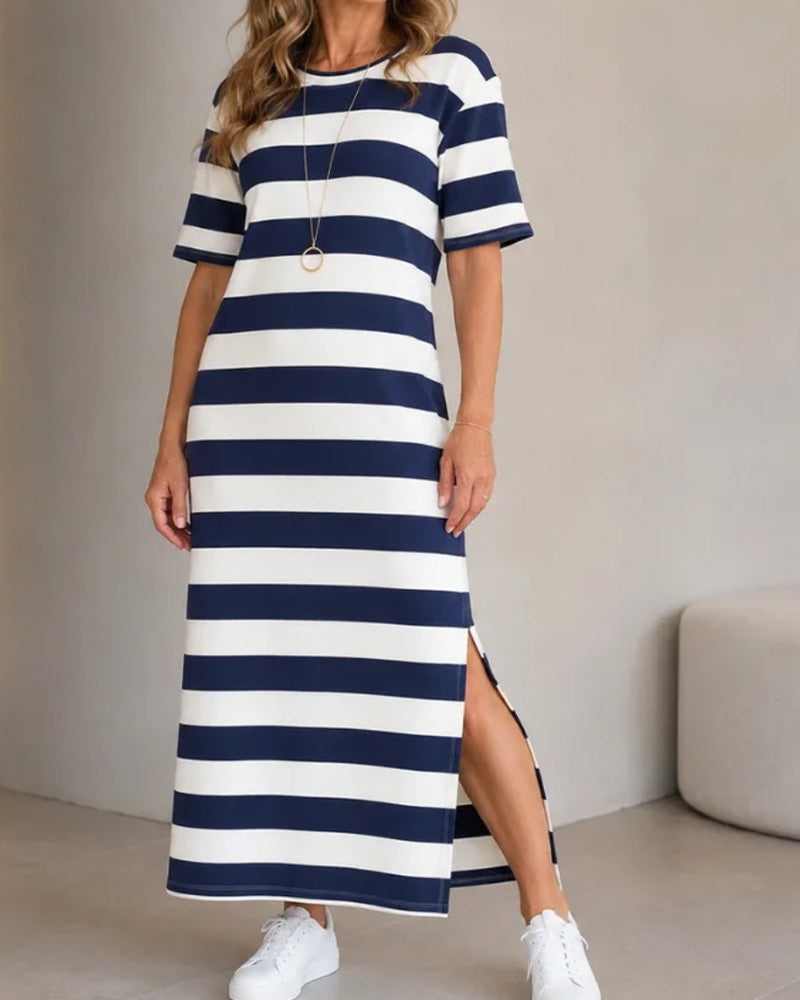 Kleid Gestreift Kurzarm Schlitz Lang T-Shirt
