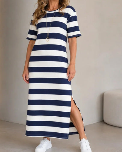 Kleid Gestreift Kurzarm Schlitz Lang T-Shirt