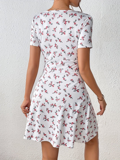 White floral dress - Anna, V-neck, short sleeves