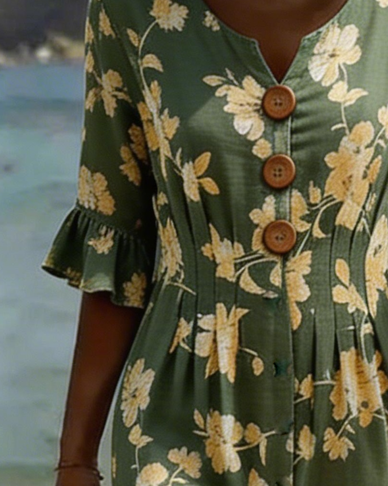 Kleid V-Ausschnitt Knopfleiste Geblümt