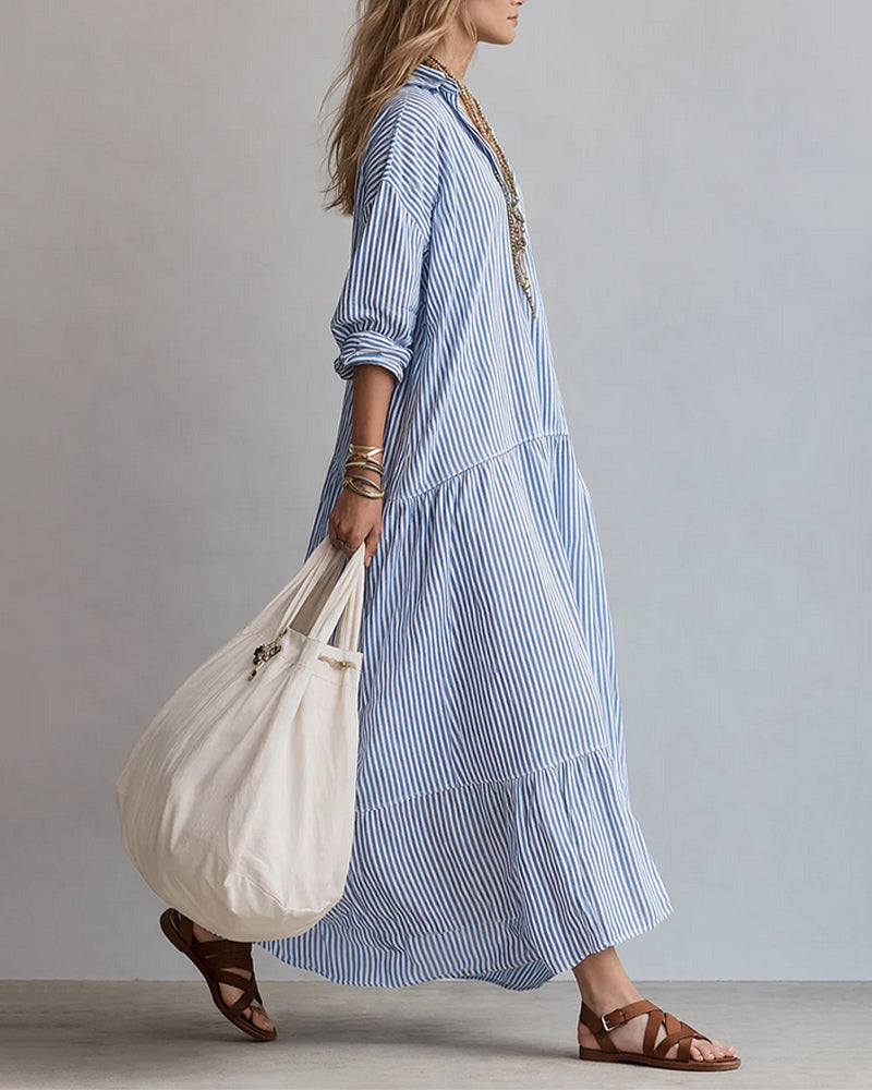 Kleid Casual Revers Gestreift Lang
