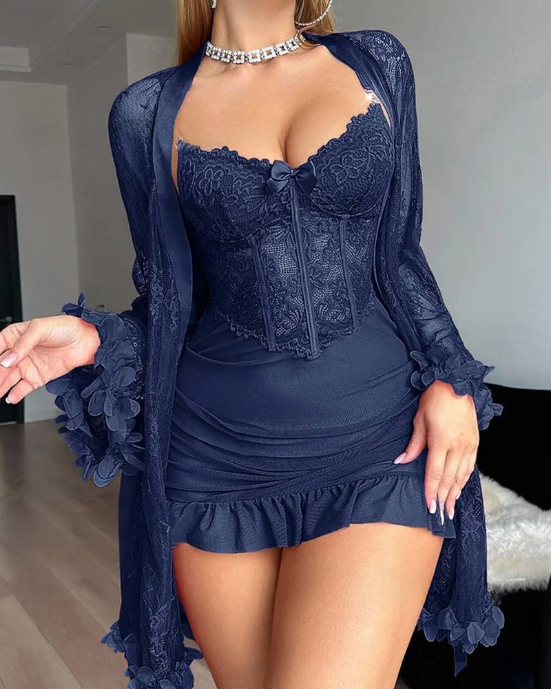 Kleid Spitze Cover-Up Spaghettiträger Spitzenbesatz Pyjama