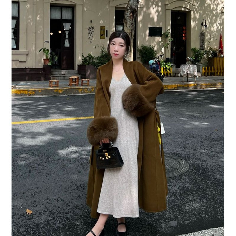 Long Overcoat with Faux Fur Cuffs for Women - Fortunata