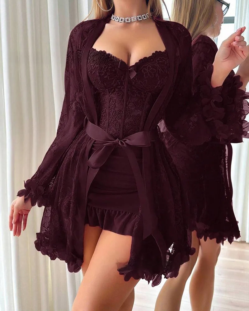 Kleid Spitze Cover-Up Spaghettiträger Spitzenbesatz Pyjama