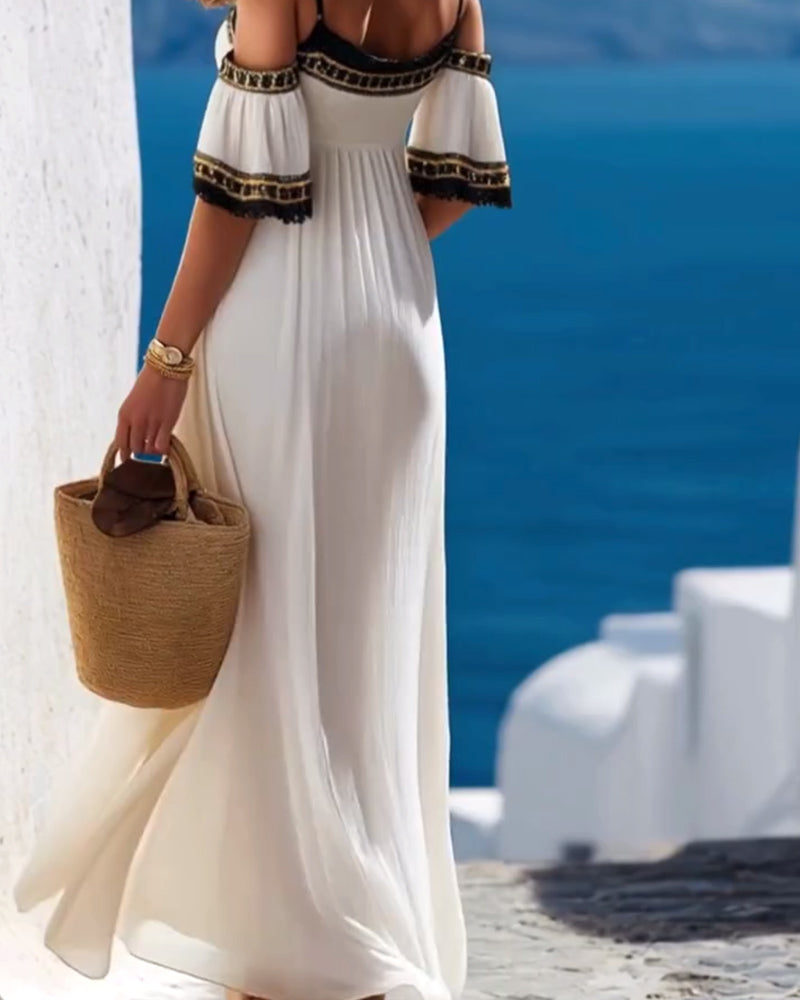 Kleid Stark verziert bestickt Off-Shoulder Schlitz Urlaub