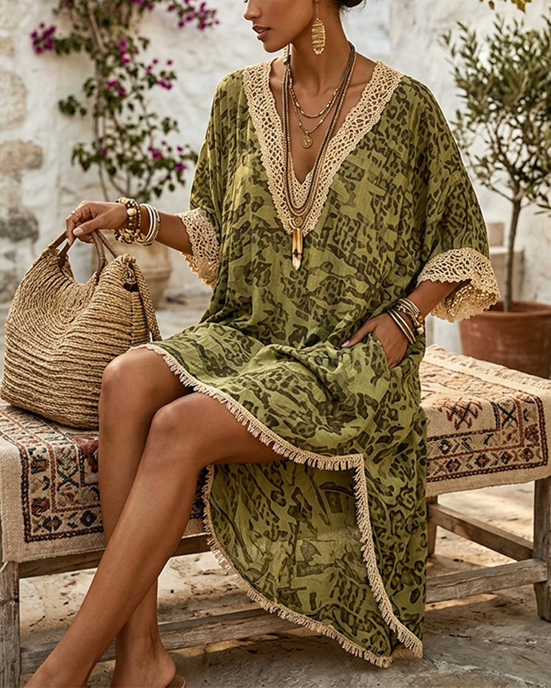 Kleid Fransenbesatz V-Ausschnitt Resort Cover-up
