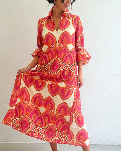 Kleid Elegant V-Ausschnitt Langarm Floral