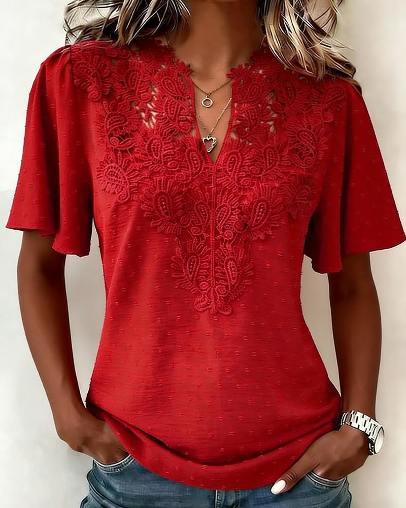 Bluse Spitze V-Ausschnitt Kurzarm