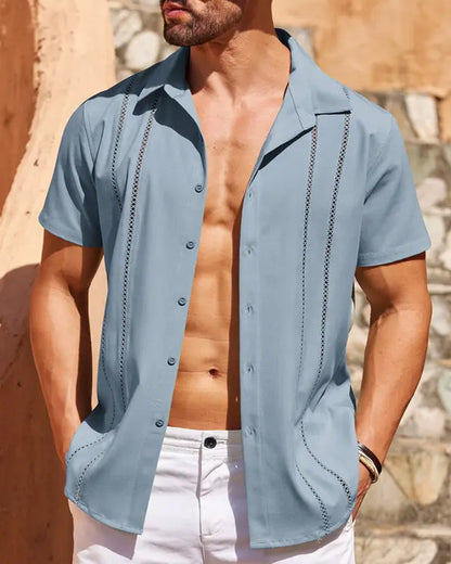 Hemden Herren Kubanisches Guayabera-Hemd Kurzarm Knopfleiste