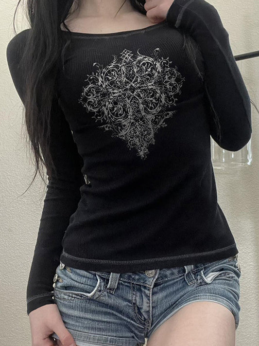 Schwarzes Vintage Print Langarmshirt