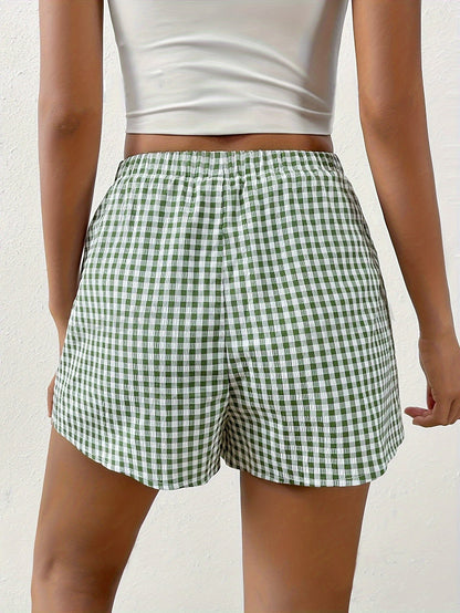 Checkered Green Shorts with Elastic Waistband - Lilly