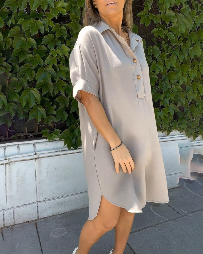 Kleid einfarbig geknöpft Schlitz Hemd