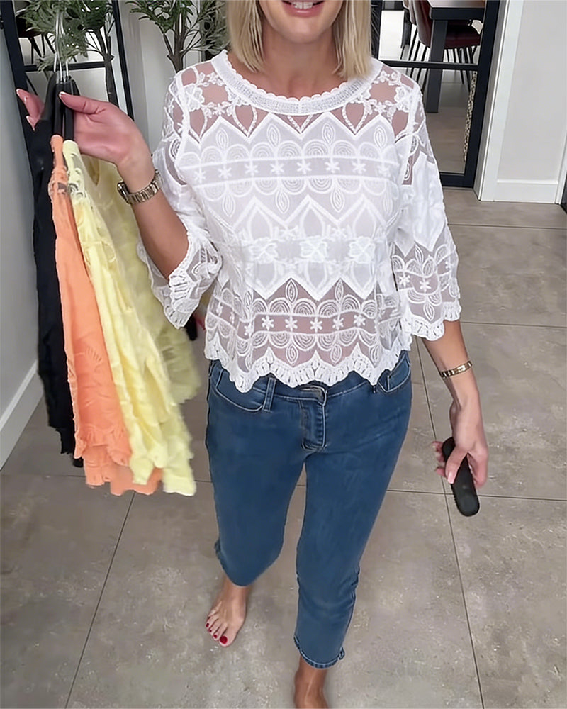 Bluse Sheer Mesh Spitze Dreiviertelarm