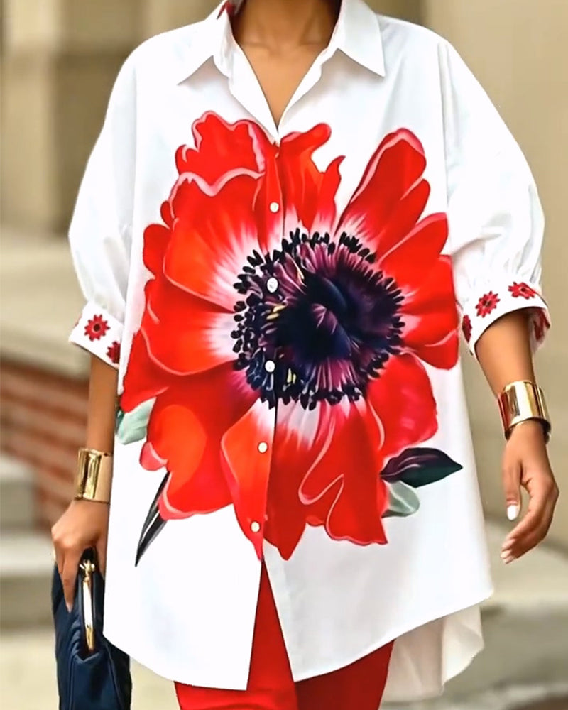 Hemd Großer Blumenprint Puffärmel