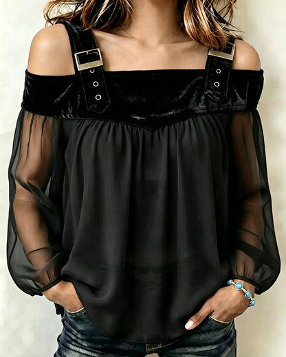 Bluse Samt Panel Stilvoll Cold Shoulder