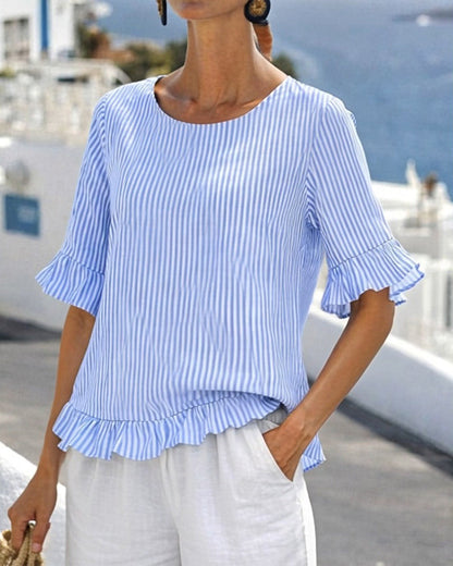 Bluse Gestreift Rüsche Mittel Ärmel