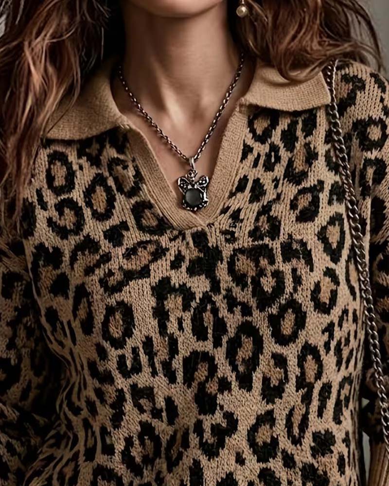 Pullover Revers Leopard V-Ausschnitt