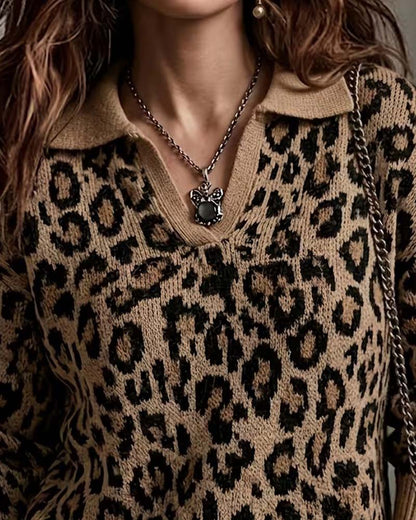 Pullover Revers Leopard V-Ausschnitt