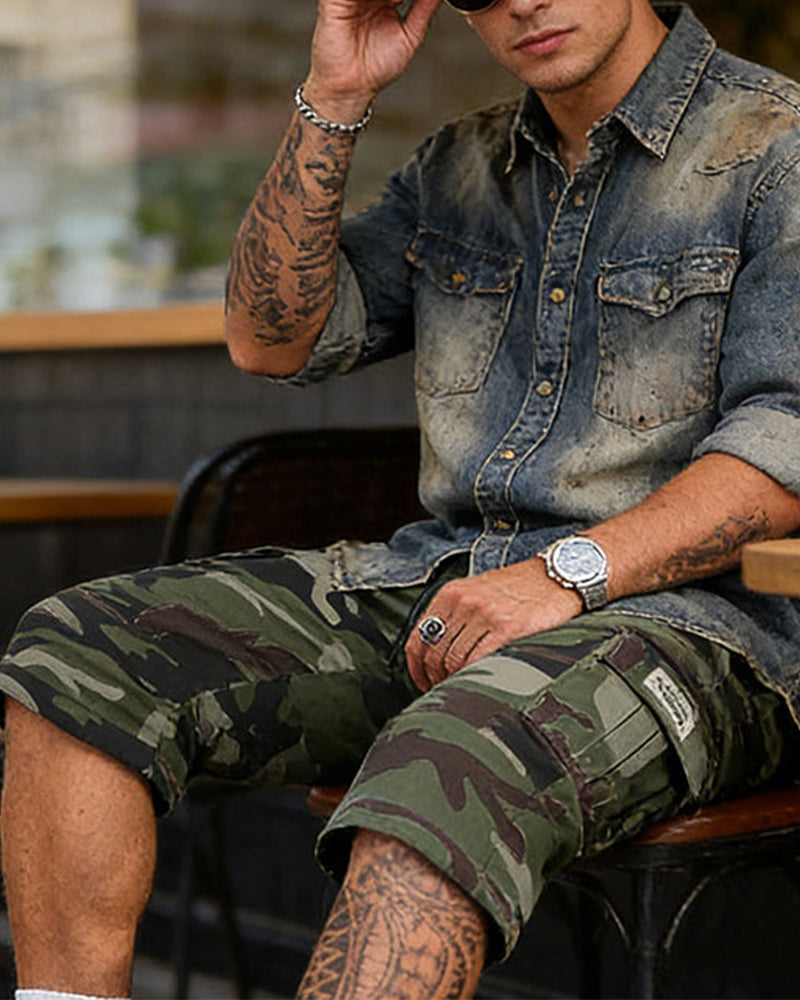Herren Tarnung Cargo Shorts Multi-Tasche Verstellbare Taille Atmungsaktiver Stoff