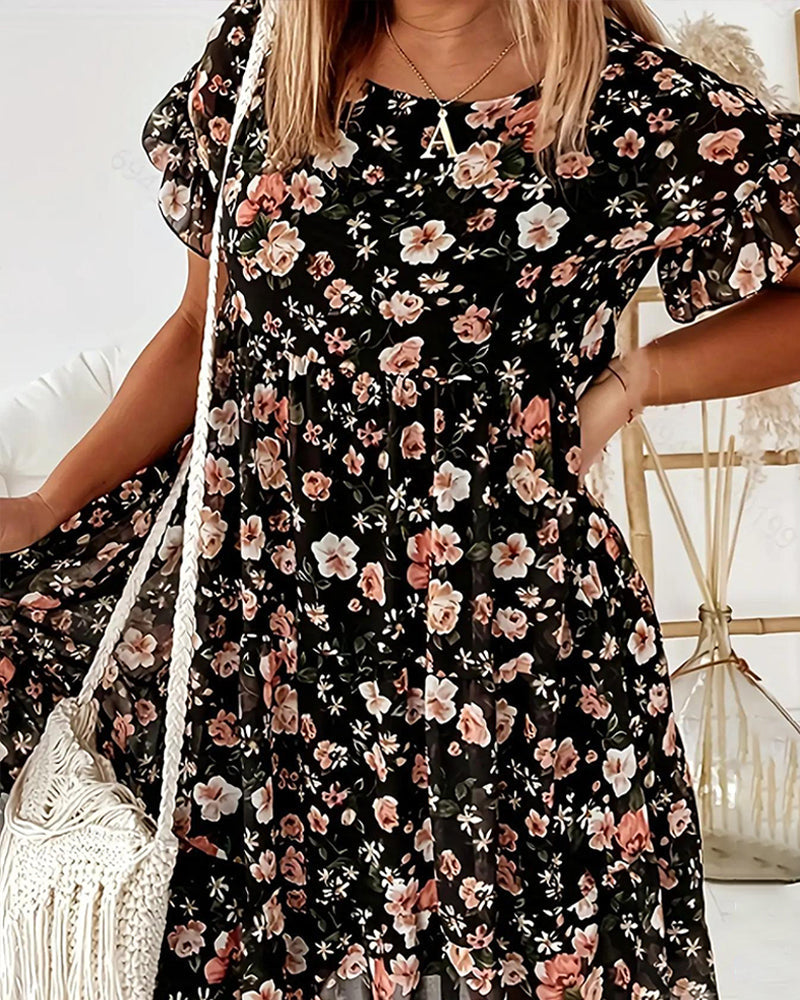 Kleid Geblümt Kurzarm Bedruckt
