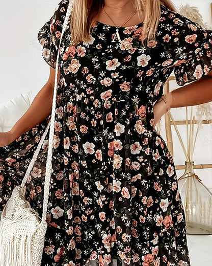 Kleid Geblümt Kurzarm Bedruckt