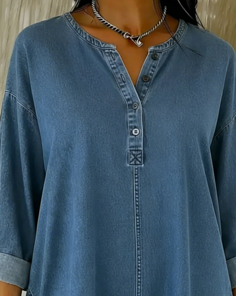 Top geknöpft V-Ausschnitt Denim