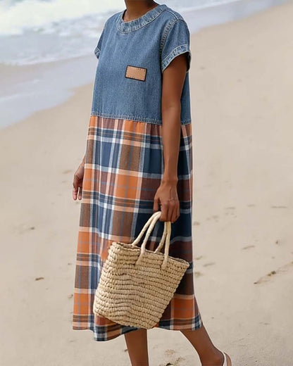 Kleid Denim Patchwork Karriert Leger