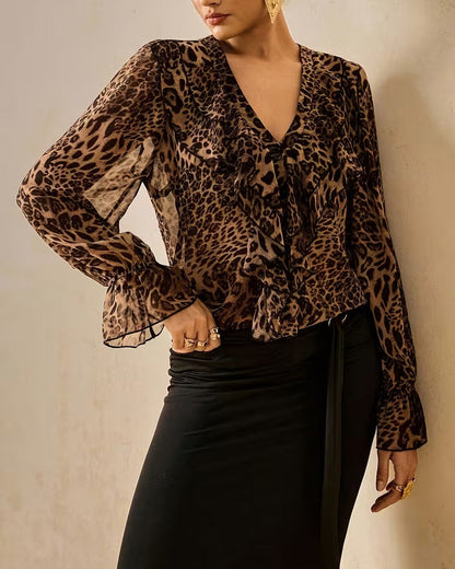 Bluse V-Ausschnitt gerüscht Leopardenprint