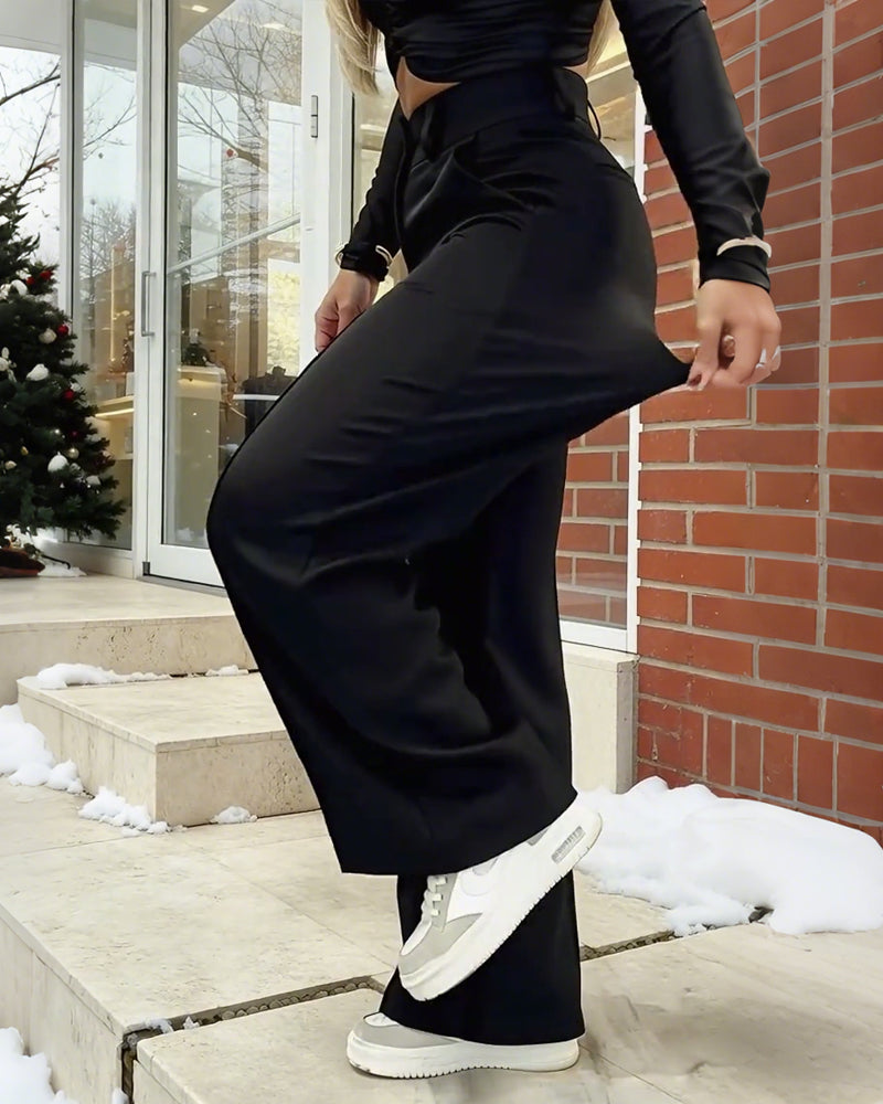 Freizeithose, einfarbig, hochgeschnitten, gerades Bein