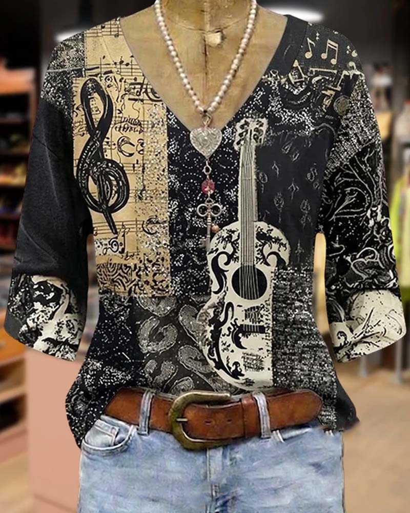 Bluse Vintage Noten Gitarren Print