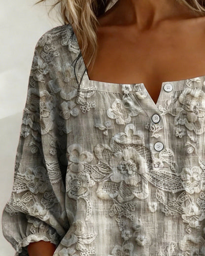 Bluse mit eckigem Ausschnitt bestickt Puffärmel