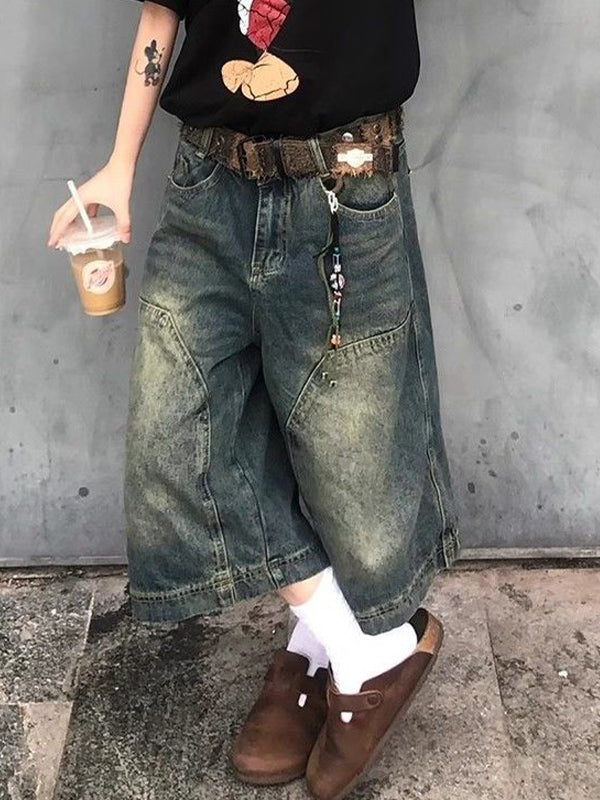 Blaue Amerikanische Vintage Washed Aged Denim Short