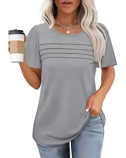 T-Shirt Plissiert Locker Rundhalsausschnitt Kurzarm
