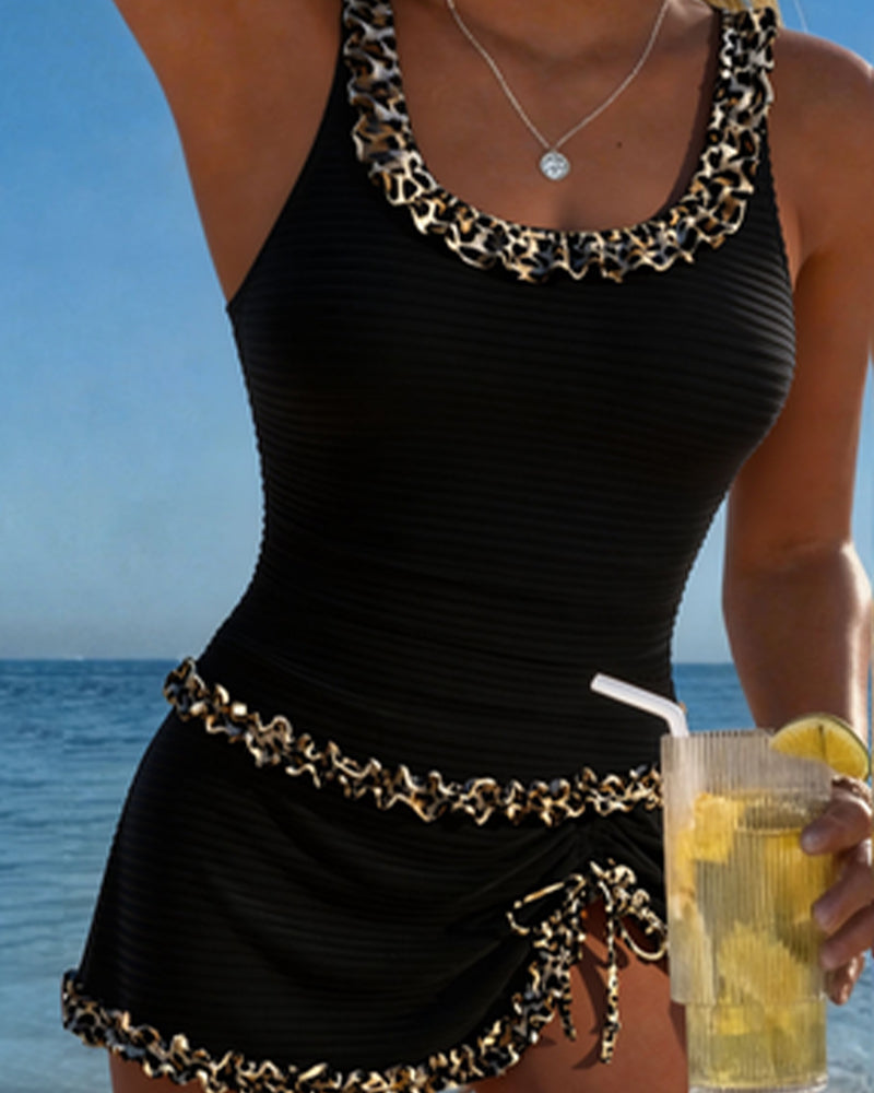 Tankini Leopard Druck Spitze U-Ausschnitt Kleid