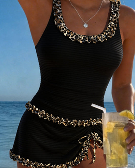 Tankini Leopard Druck Spitze U-Ausschnitt Kleid