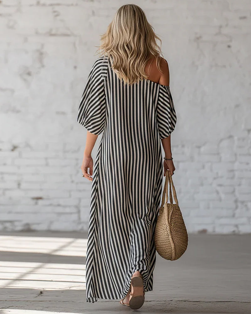 Kleid Schulterfrei Gestreift Lang