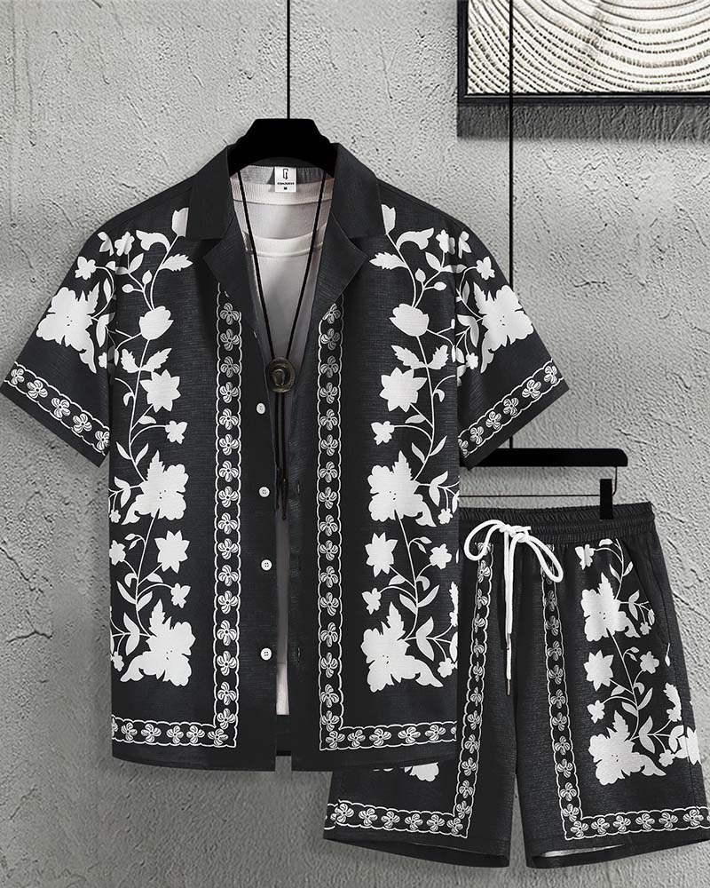 Herren Set Blaues Porzellan Knopfleiste Kurzarm