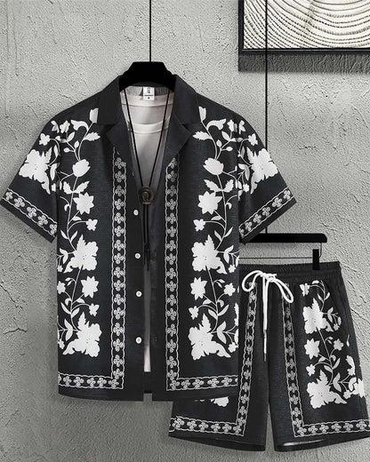 Herren Set Blaues Porzellan Knopfleiste Kurzarm