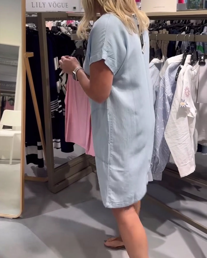 Kleid V-Ausschnitt Kurzarm Denim Lässig