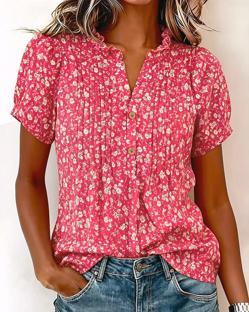 Bluse V-Ausschnitt Knopf Blumenprint