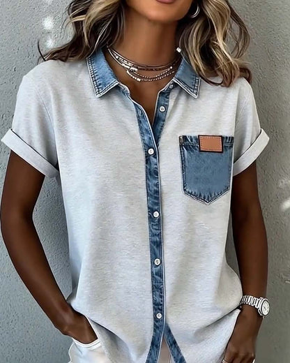 T-Shirt Denim Patchwork Umlegekragen