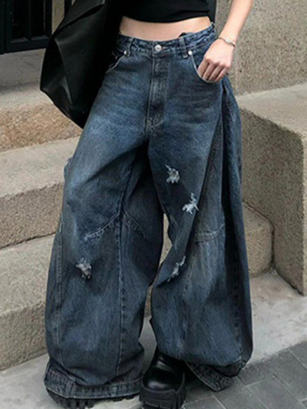 Blaue Retro Distressed Wide Leg Boyfriend Jeans